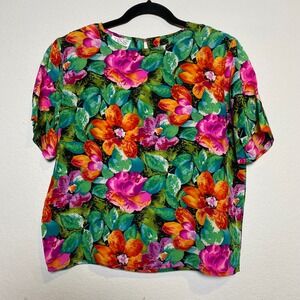 Vintage Tess Floral Silk Blouse Top‎ Short Sleeve Colorful Women's Size L